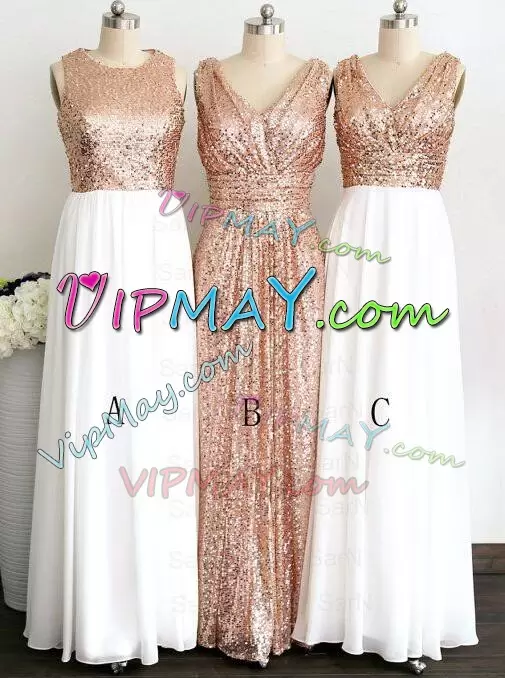 Deluxe White Chiffon Lace Up Scoop Sleeveless Ankle Length Quinceanera Court Dresses Sequins