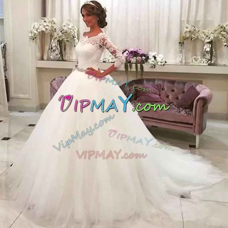 Exquisite White Half Sleeves Sweep Train Beading and Appliques and Belt Wedding Dress