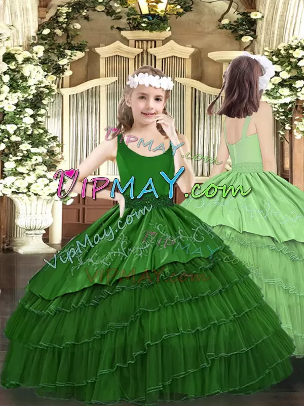 Organza Scoop Sleeveless Zipper Beading and Embroidery and Ruffled Layers Pageant Dress for Girls in Dark Green