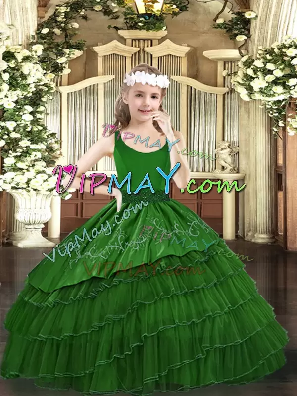 Organza Scoop Sleeveless Zipper Beading and Embroidery and Ruffled Layers Pageant Dress for Girls in Dark Green