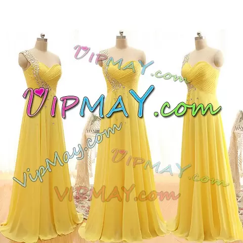 Yellow Dama Dress Party and Wedding Party with Beading One Shoulder Sleeveless Lace Up