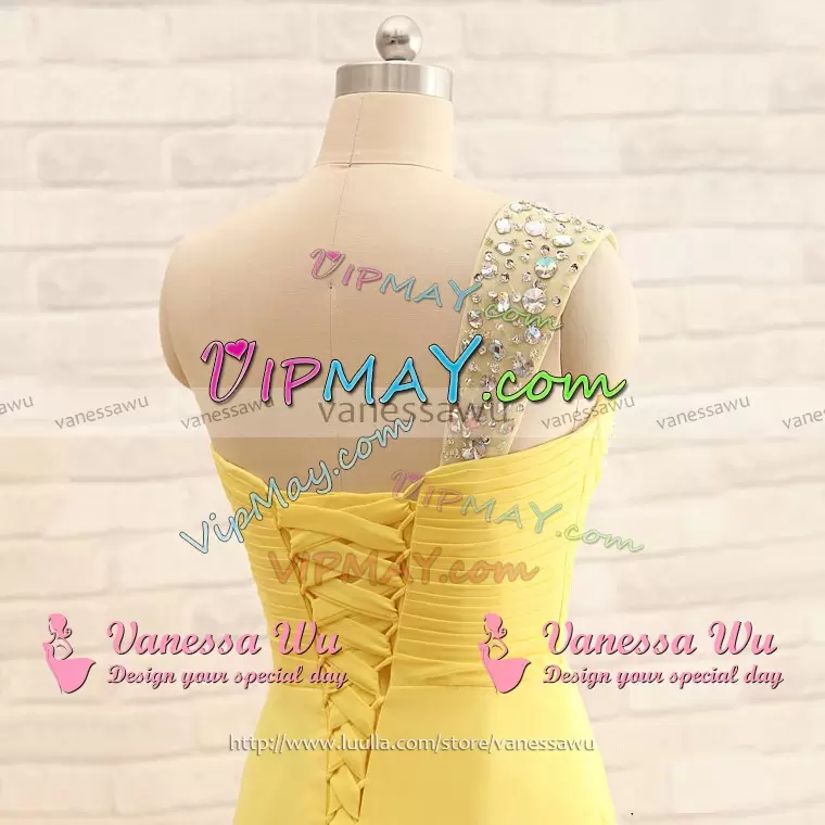 Yellow Dama Dress Party and Wedding Party with Beading One Shoulder Sleeveless Lace Up