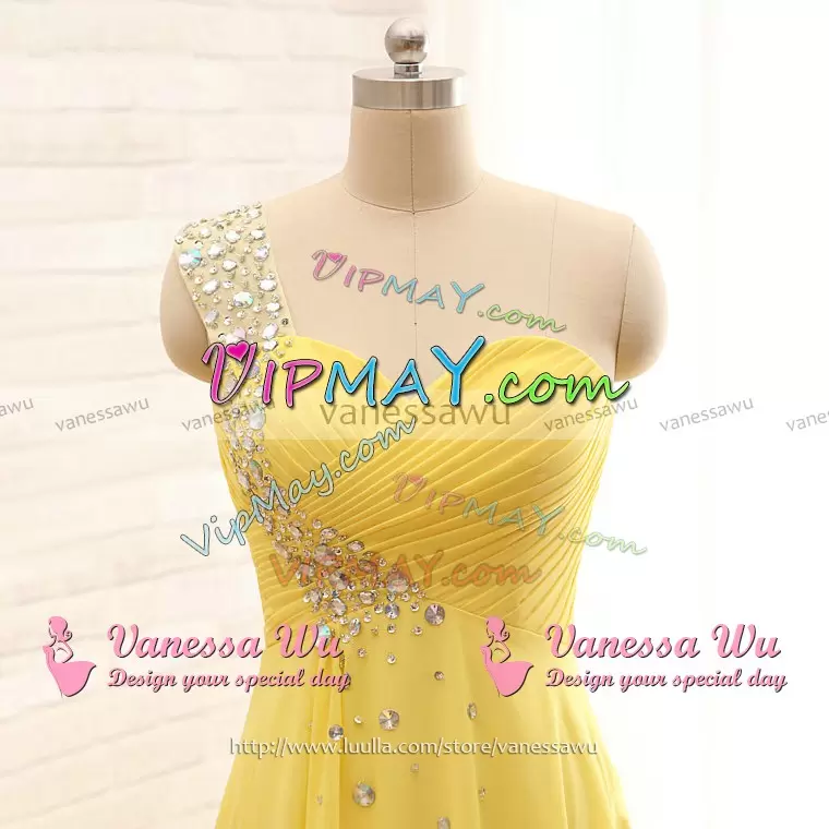 Yellow Dama Dress Party and Wedding Party with Beading One Shoulder Sleeveless Lace Up