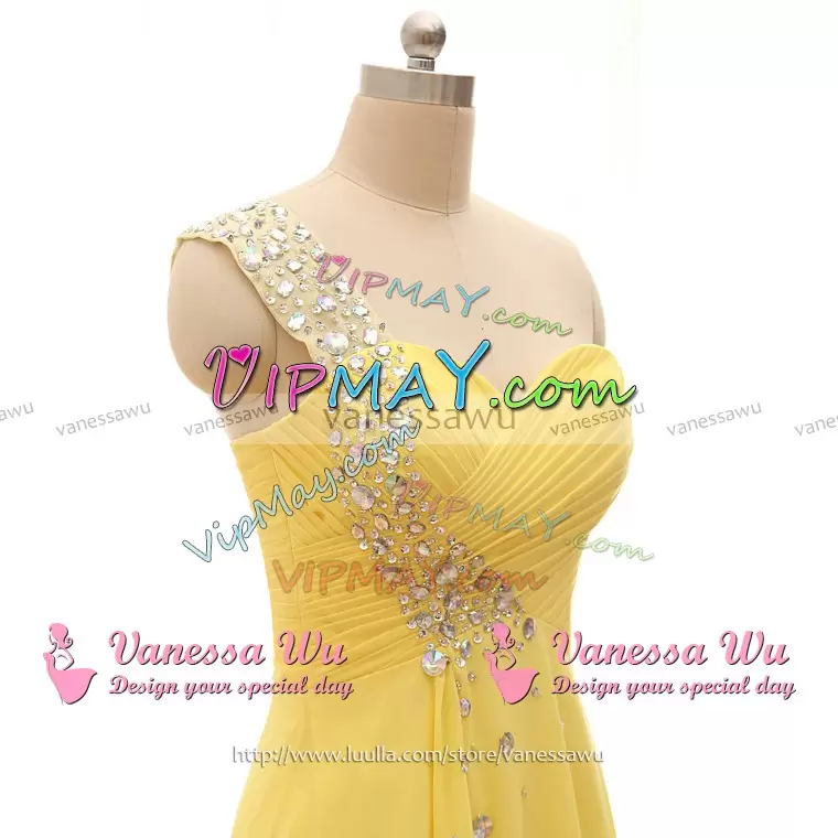 Yellow Dama Dress Party and Wedding Party with Beading One Shoulder Sleeveless Lace Up