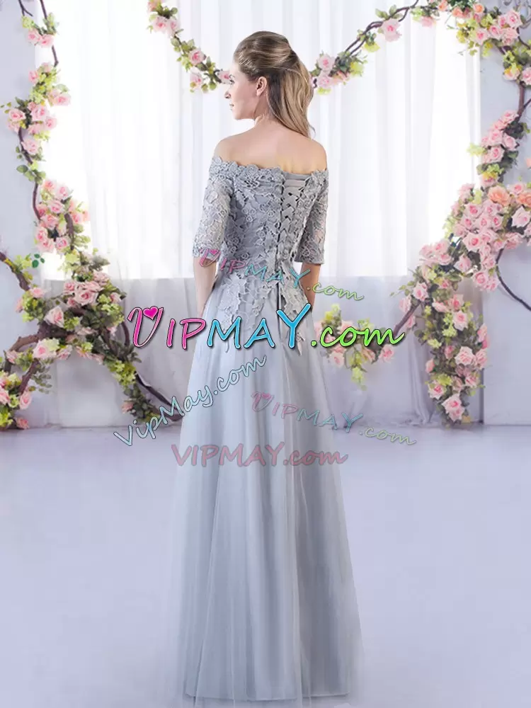 Half Sleeves Tulle Floor Length Lace Up Bridesmaids Dress in Grey with Appliques