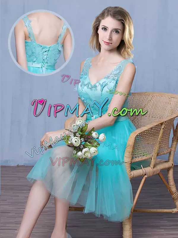Hot Sale Knee Length Aqua Blue Wedding Party Dress Tulle Sleeveless Lace and Appliques and Bowknot