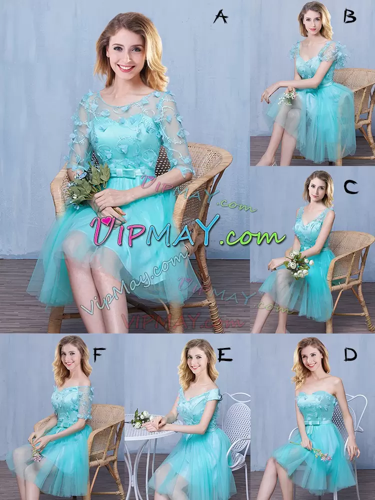 Hot Sale Knee Length Aqua Blue Wedding Party Dress Tulle Sleeveless Lace and Appliques and Bowknot
