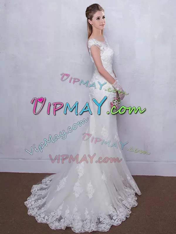 Artistic Cap Sleeves With Train Lace Backless Bridal Gown with White Brush Train