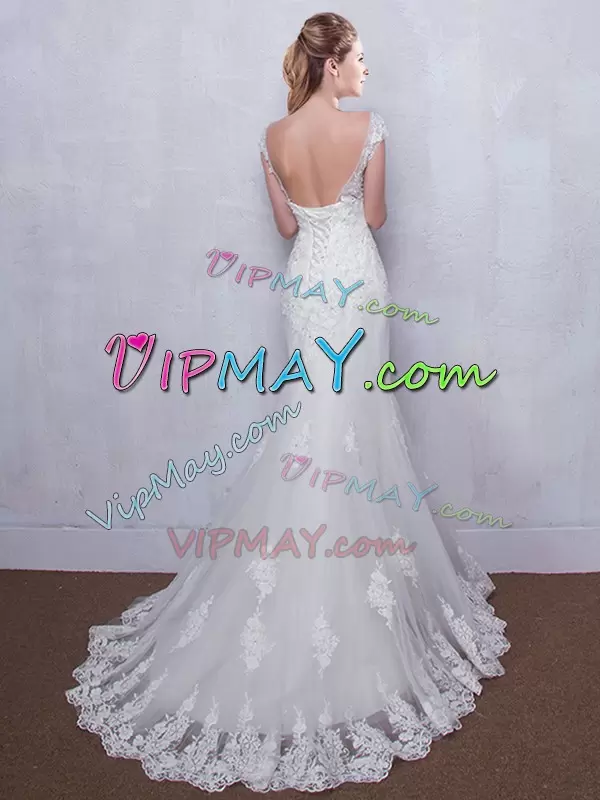 Artistic Cap Sleeves With Train Lace Backless Bridal Gown with White Brush Train