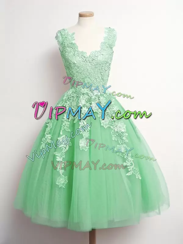 Latest V-neck Sleeveless Tulle Wedding Guest Dresses Appliques Lace Up