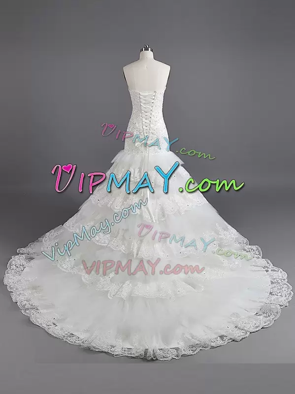 Captivating White Tulle and Lace Lace Up Bridal Gown Sleeveless With Train Court Train Ruffled Layers