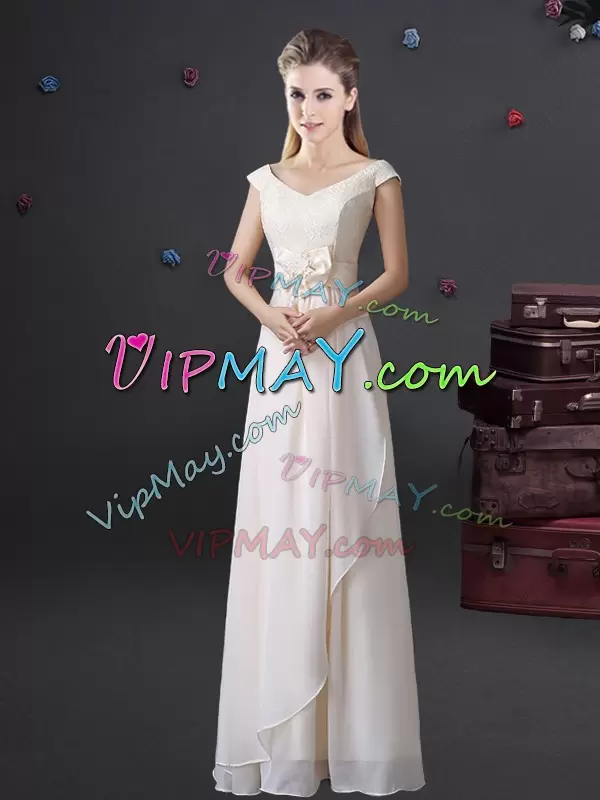 Chiffon V-neck Cap Sleeves Lace and Bowknot Long Damas Dress in White