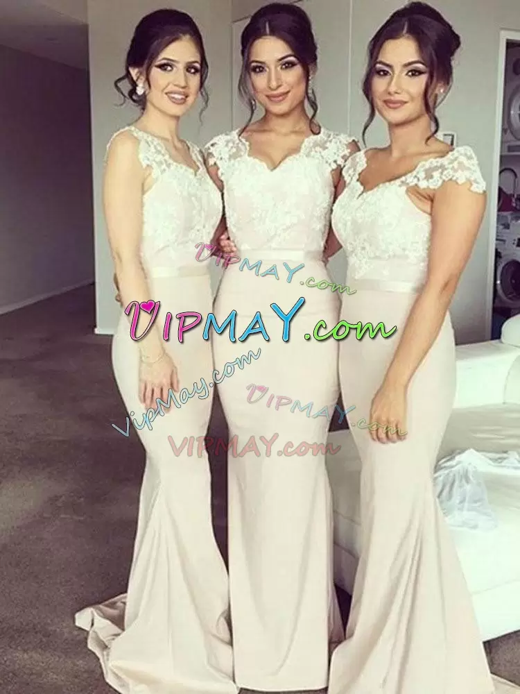 Excellent V-neck Cap Sleeves Brush Train Lace Up Appliques and Belt Bridesmaid Dresses in White