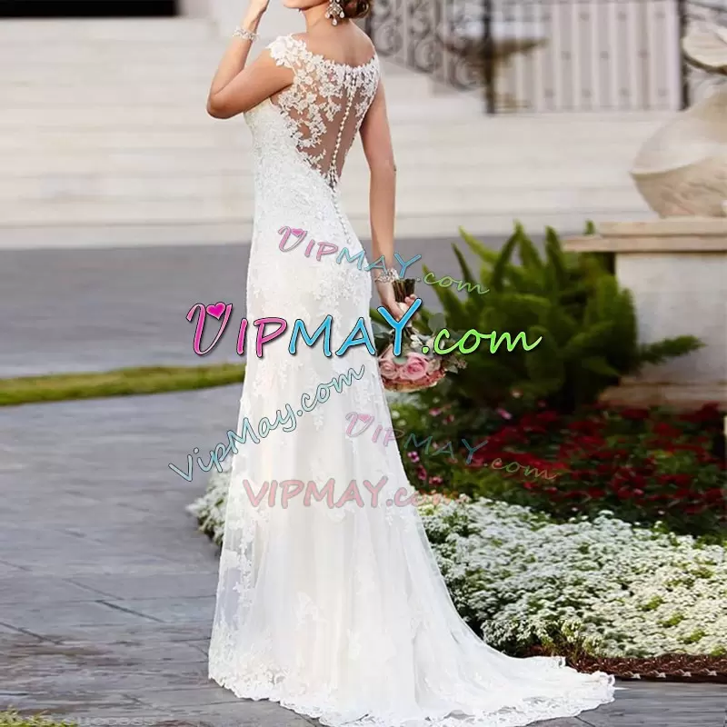 Extravagant White Square Neckline Appliques Wedding Dress Cap Sleeves Clasp Handle