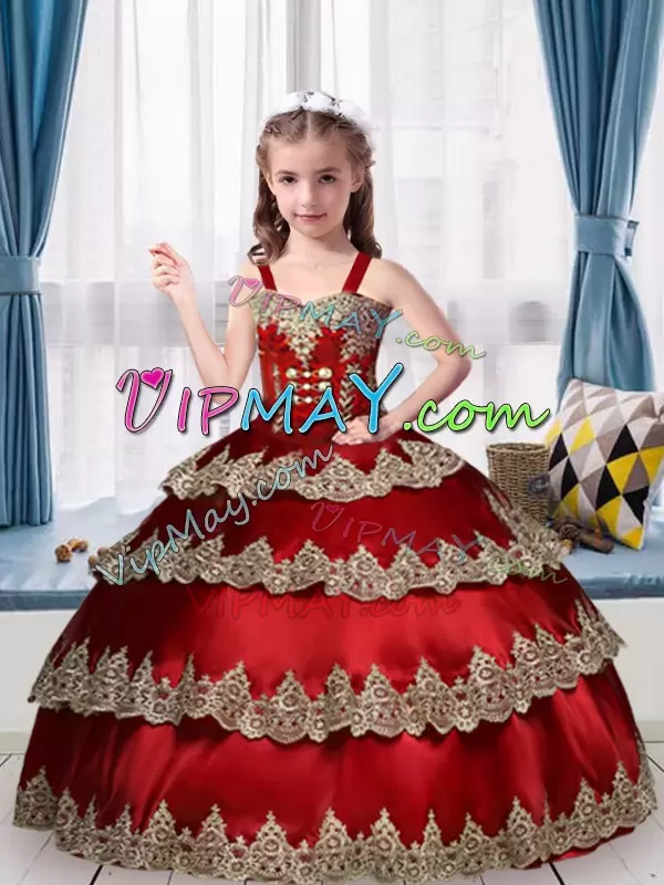 Best Straps Sleeveless Zipper Pageant Dress for Teens Red Tulle Embroidery