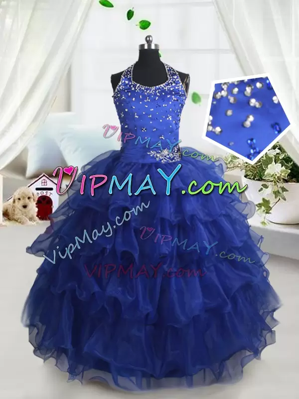 Royal Blue Ball Gowns Organza Halter Top Sleeveless Beading and Ruffled Layers Floor Length Lace Up Little Girls Pageant Gowns