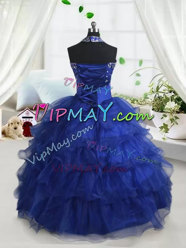 Royal Blue Ball Gowns Organza Halter Top Sleeveless Beading and Ruffled Layers Floor Length Lace Up Little Girls Pageant Gowns