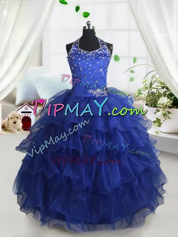 Royal Blue Ball Gowns Organza Halter Top Sleeveless Beading and Ruffled Layers Floor Length Lace Up Little Girls Pageant Gowns