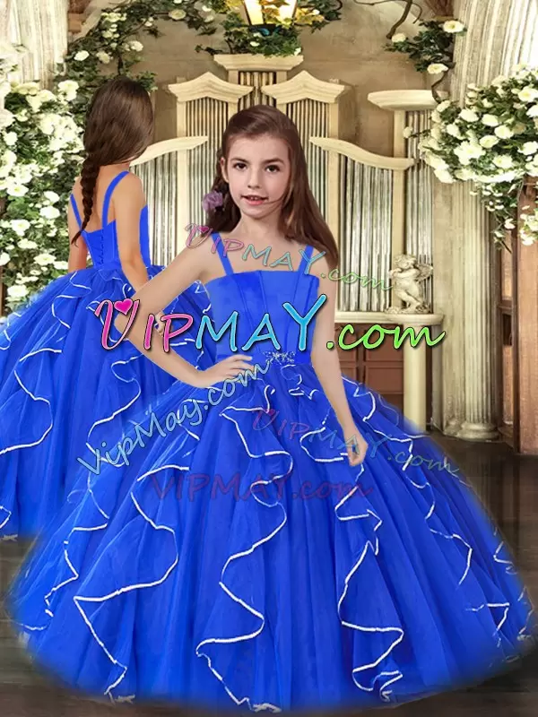 Straps Sleeveless Lace Up Pageant Dresses Royal Blue Tulle Ruffles