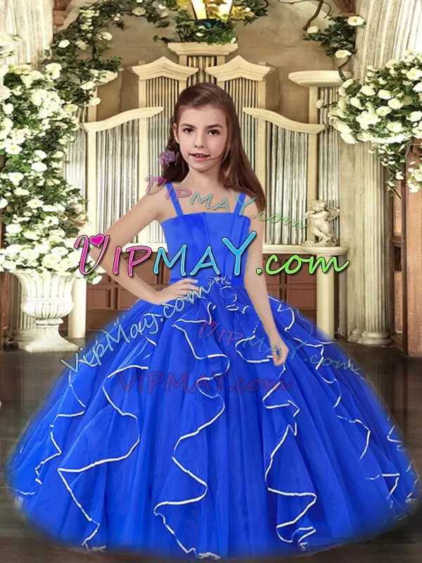 Straps Sleeveless Lace Up Pageant Dresses Royal Blue Tulle Ruffles