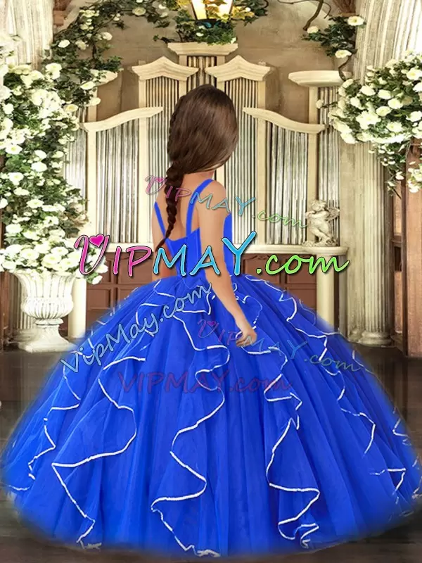 Straps Sleeveless Lace Up Pageant Dresses Royal Blue Tulle Ruffles