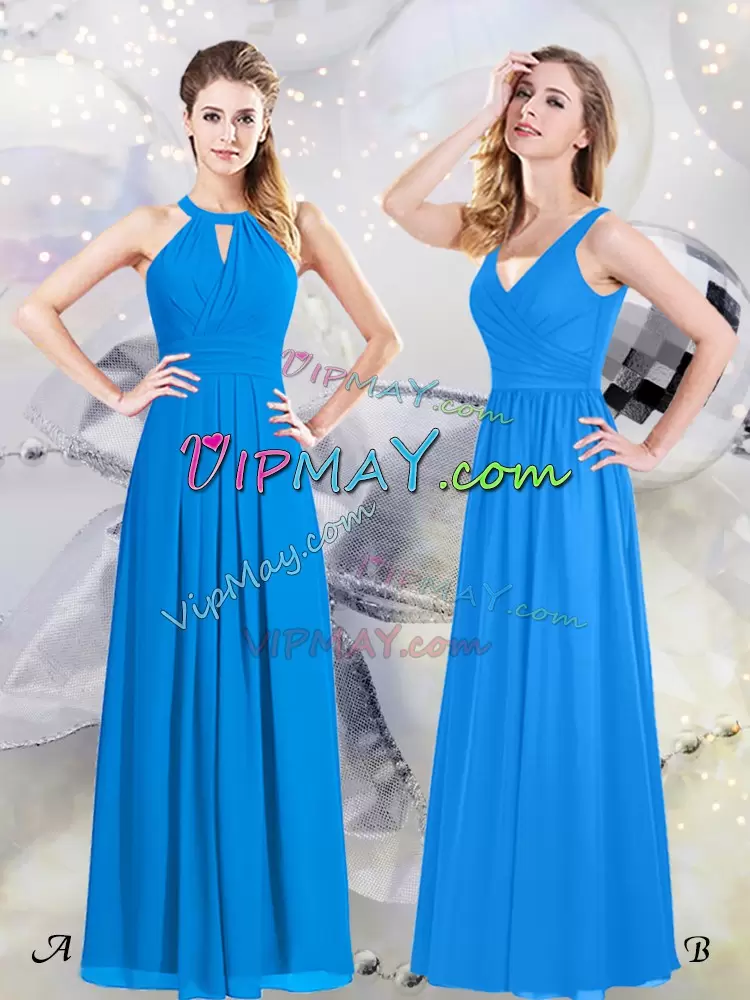 Enchanting Baby Blue Chiffon Zipper Halter Top Sleeveless Floor Length Bridesmaids Dress Ruching