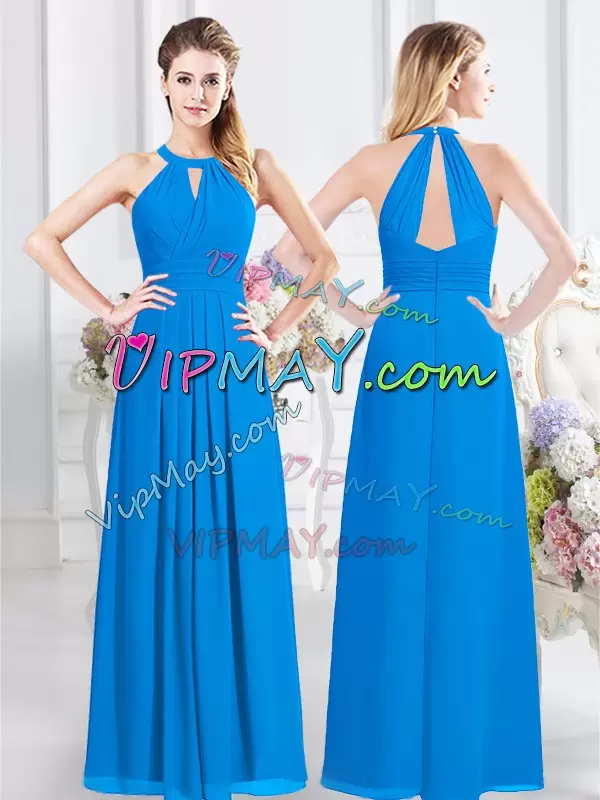 Enchanting Baby Blue Chiffon Zipper Halter Top Sleeveless Floor Length Bridesmaids Dress Ruching