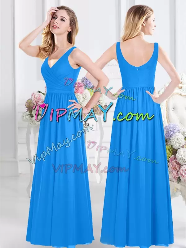 Enchanting Baby Blue Chiffon Zipper Halter Top Sleeveless Floor Length Bridesmaids Dress Ruching