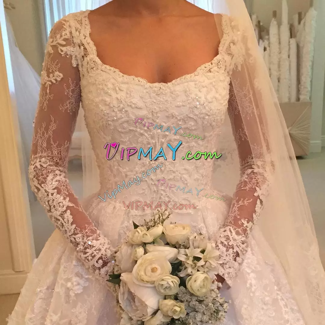 Long Sleeves Scoop Zipper With Train Lace Wedding Gown Scoop