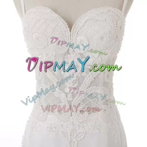 Stylish White Backless Spaghetti Straps Lace and Appliques Wedding Gown Tulle Sleeveless Brush Train