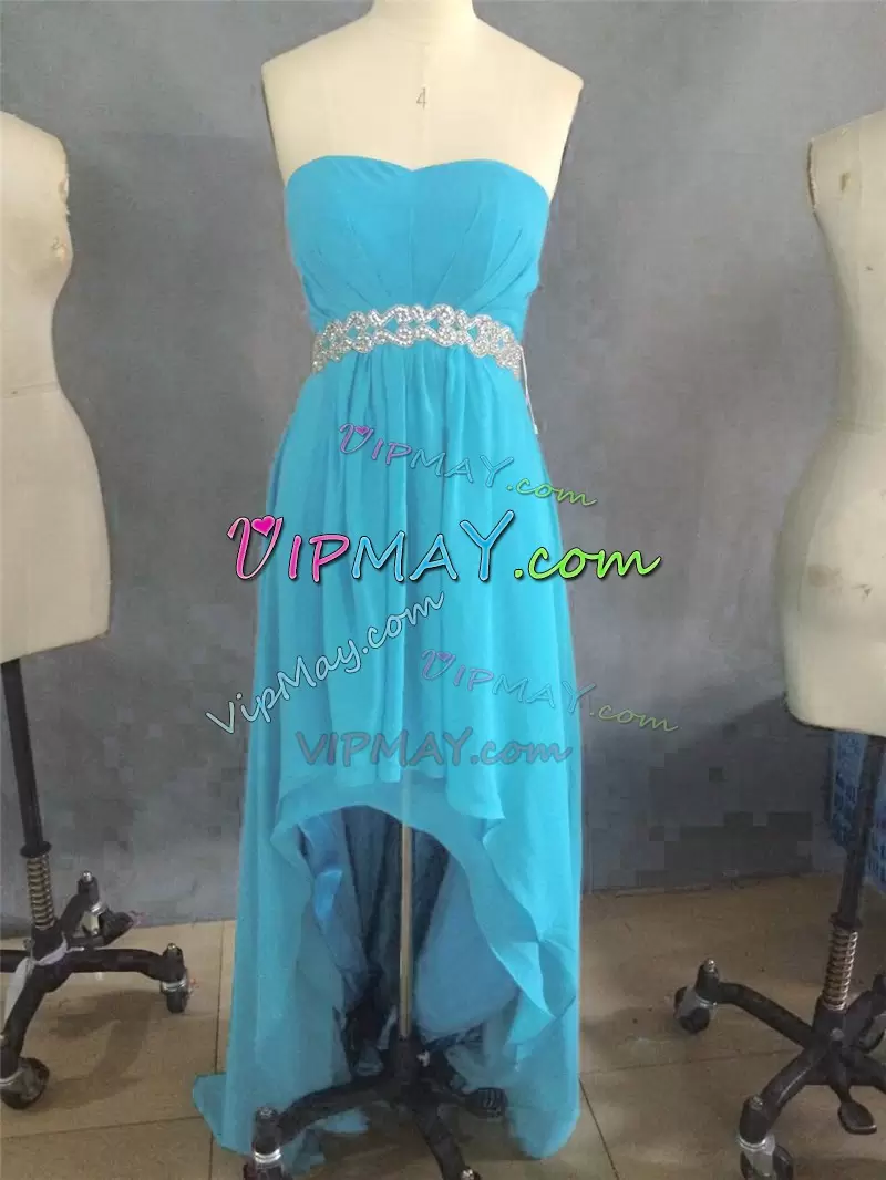 Ideal Turquoise Chiffon Zipper Sweetheart Sleeveless High Low Wedding Party Dress Beading and Appliques and Pleated