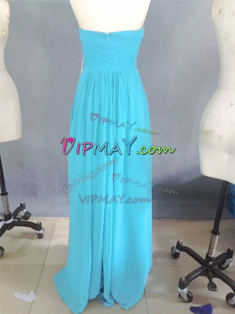 Ideal Turquoise Chiffon Zipper Sweetheart Sleeveless High Low Wedding Party Dress Beading and Appliques and Pleated