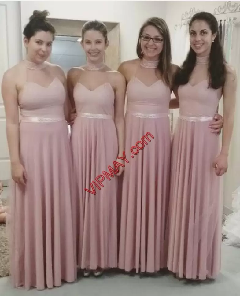 Pink Bridesmaid Dress Party and Wedding Party with Beading and Lace Halter Top Sleeveless Sweep Train Lace Up