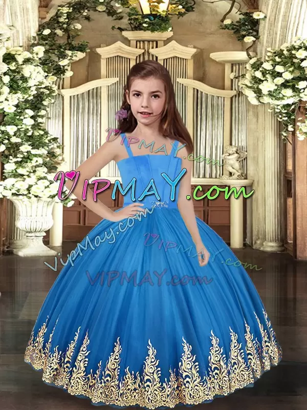 Top Selling Ball Gowns Little Girl Pageant Dress Baby Blue Straps Tulle Sleeveless Floor Length Lace Up