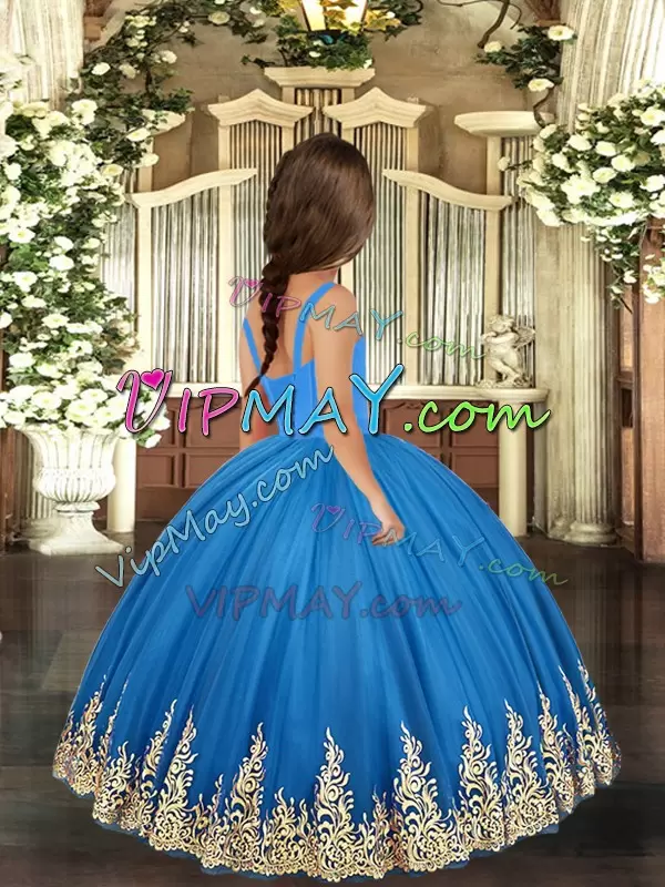 Top Selling Ball Gowns Little Girl Pageant Dress Baby Blue Straps Tulle Sleeveless Floor Length Lace Up