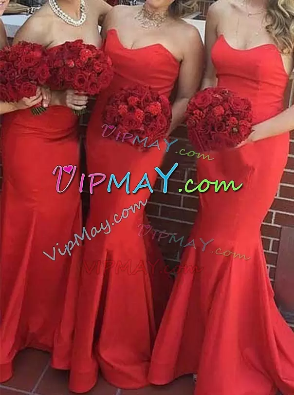 Ruching Bridesmaid Dress Red Sleeveless Floor Length