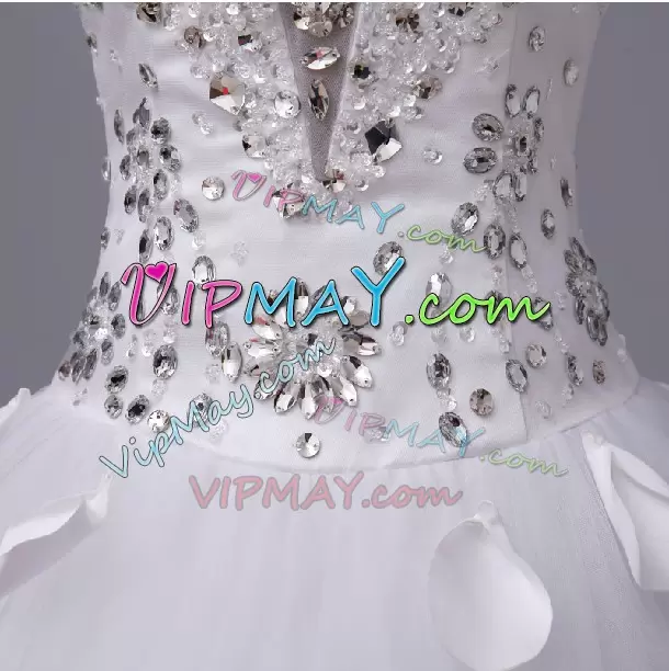 White Tulle Lace Up Wedding Dress Sleeveless Chapel Train Beading