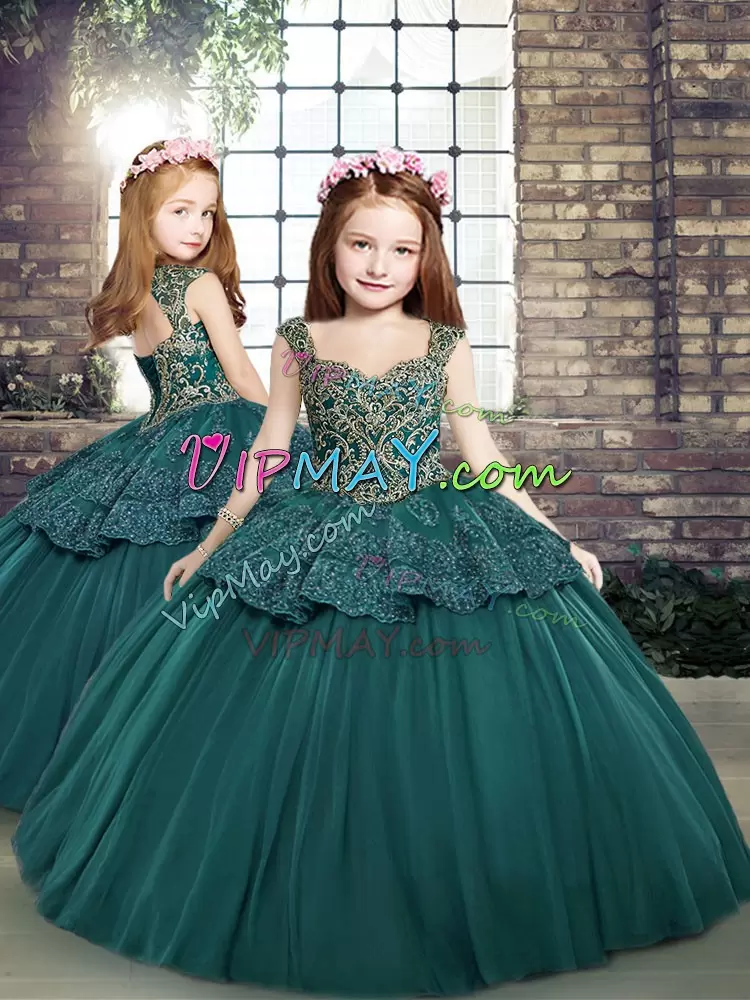 Excellent Sleeveless Straps Side Zipper Floor Length Beading and Appliques Child Pageant Dress Straps