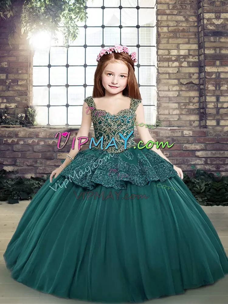 Excellent Sleeveless Straps Side Zipper Floor Length Beading and Appliques Child Pageant Dress Straps