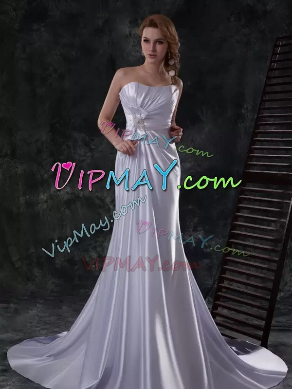 On Sale Elastic Woven Satin Strapless Sleeveless Brush Train Lace Up Beading and Ruching and Bowknot Bridal Gown in Silver