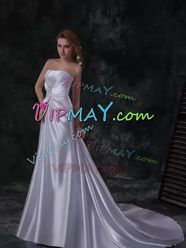 On Sale Elastic Woven Satin Strapless Sleeveless Brush Train Lace Up Beading and Ruching and Bowknot Bridal Gown in Silver