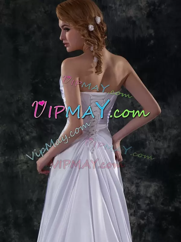 On Sale Elastic Woven Satin Strapless Sleeveless Brush Train Lace Up Beading and Ruching and Bowknot Bridal Gown in Silver