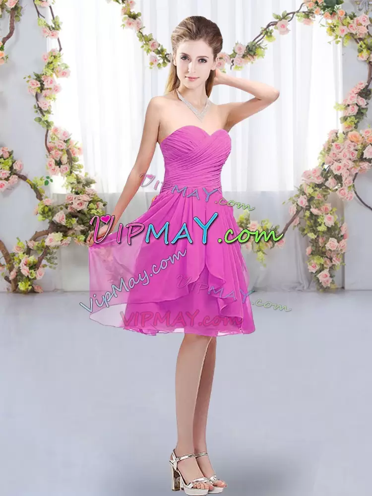 Cheap Fuchsia Lace Up Sweetheart Ruffles and Ruching Bridesmaid Dress Chiffon Sleeveless