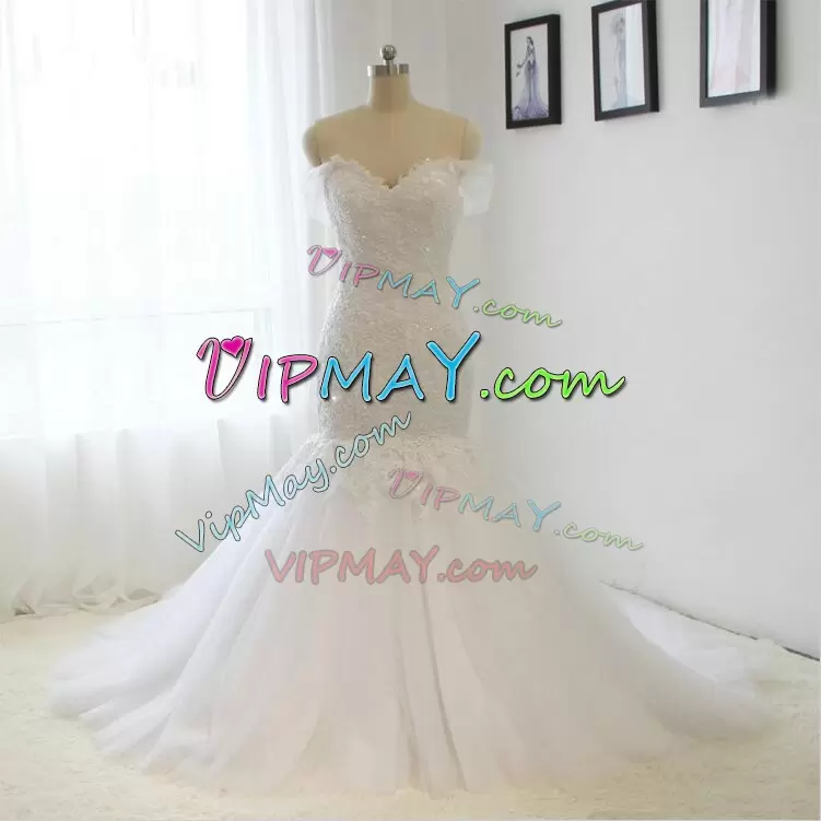 Edgy Lace Up Wedding Dress White for Wedding Party with Beading and Appliques Sweep Train