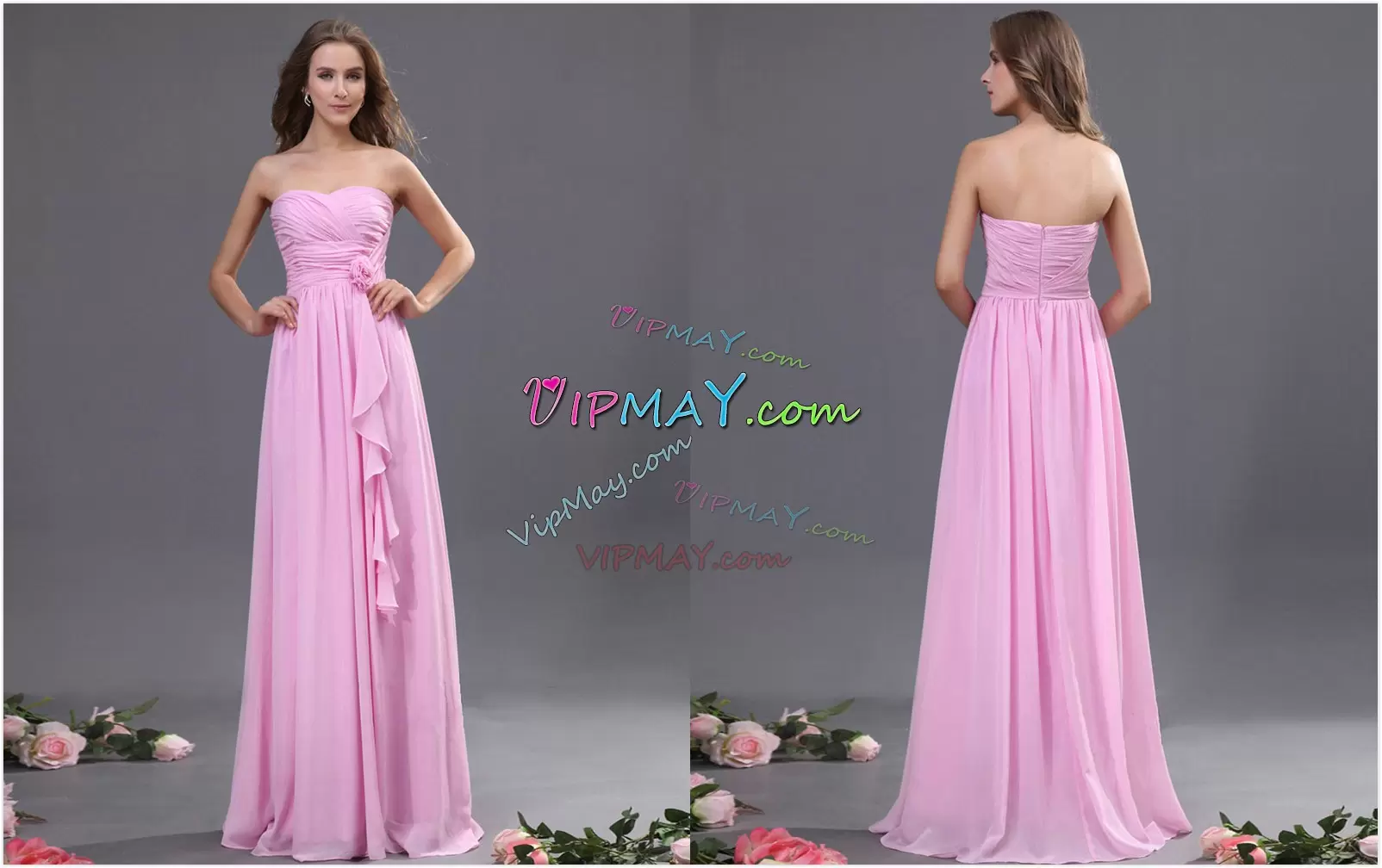 Elegant Pink Empire Ruching Bridesmaid Dress Zipper Chiffon Sleeveless Floor Length