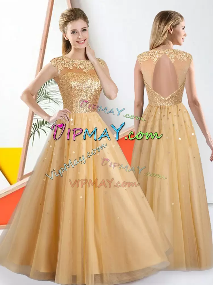 Champagne A-line Bateau Sleeveless Tulle Floor Length Backless Beading and Lace Bridesmaid Gown