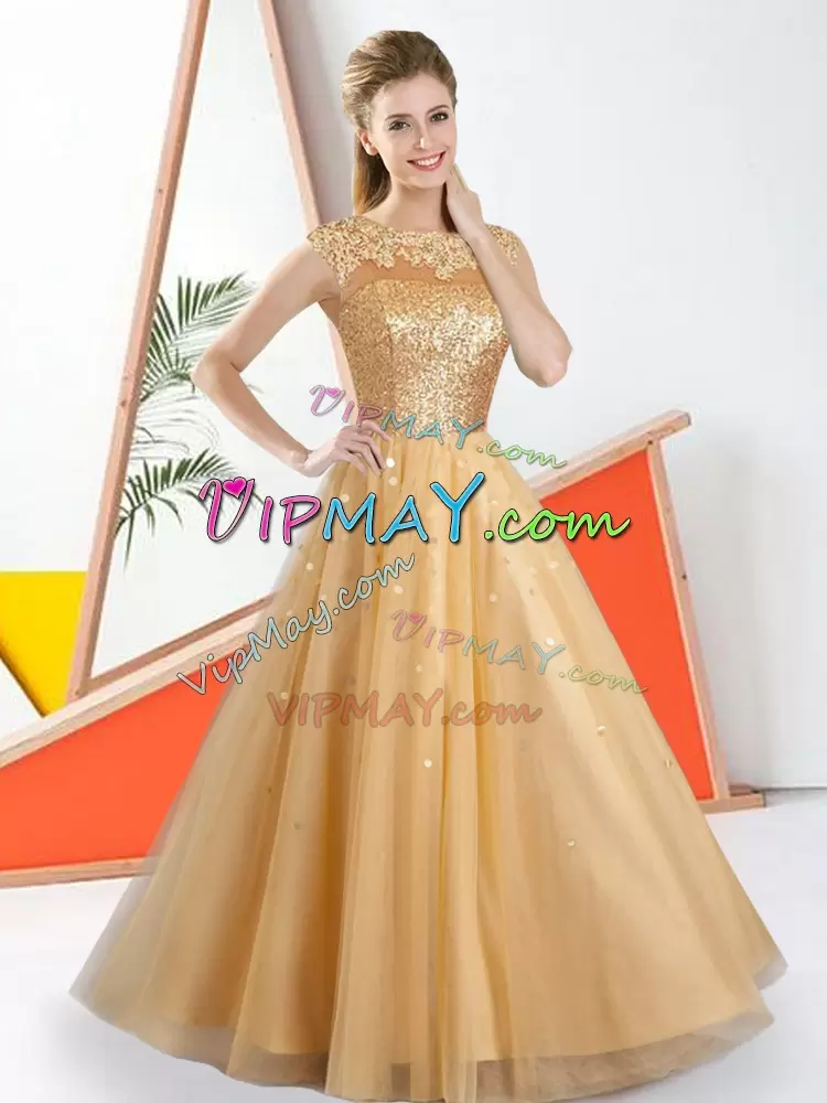 Champagne A-line Bateau Sleeveless Tulle Floor Length Backless Beading and Lace Bridesmaid Gown