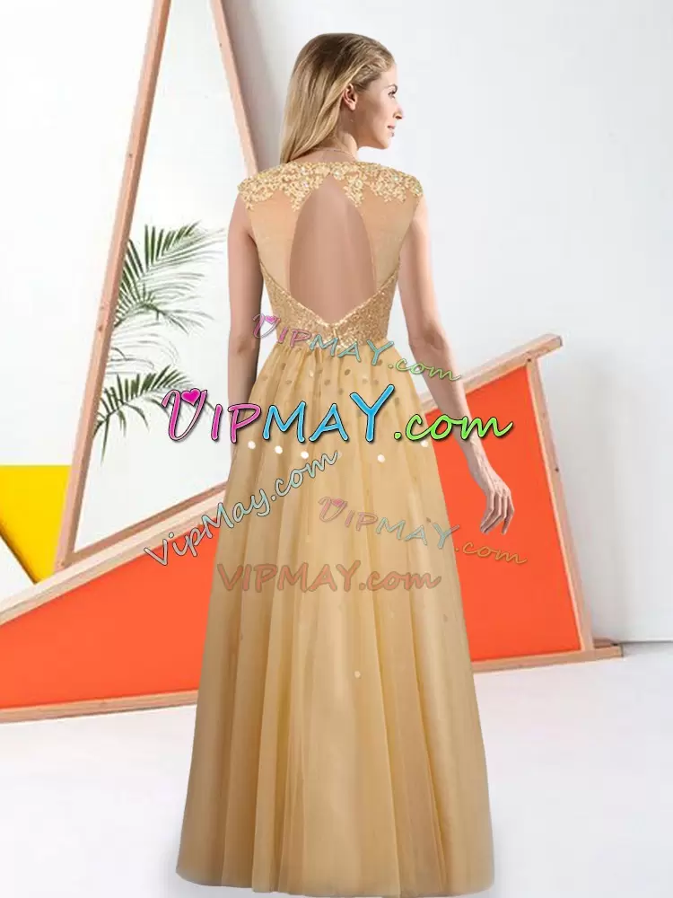 Champagne A-line Bateau Sleeveless Tulle Floor Length Backless Beading and Lace Bridesmaid Gown