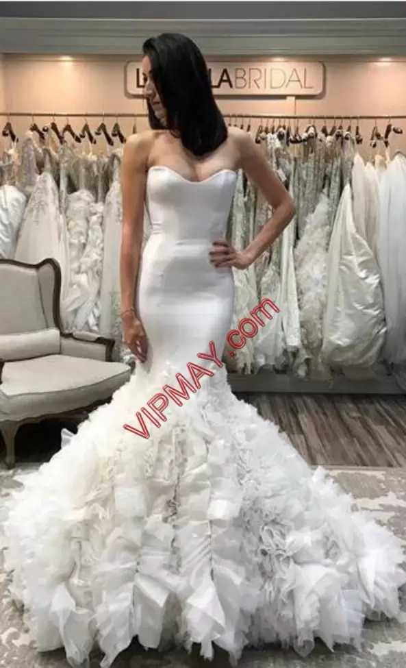 Lace Up Bridal Gown White for Beach and Wedding Party with Ruffles Brush Train