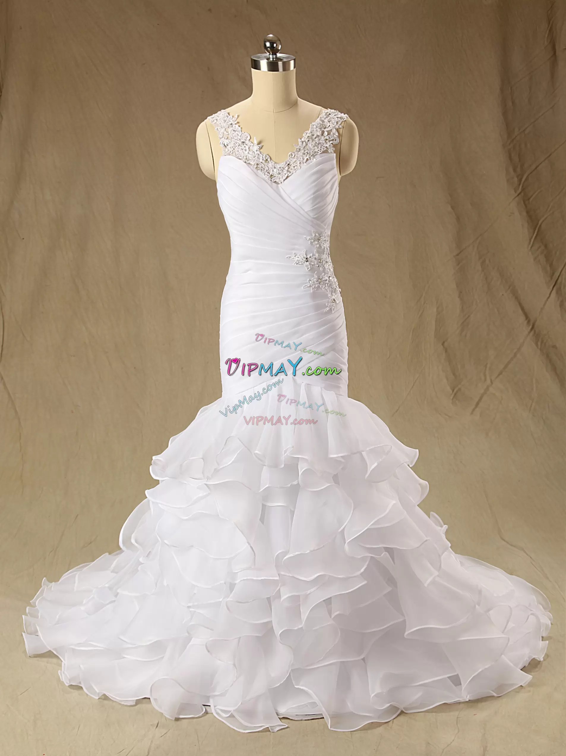 Sweet Sleeveless Organza Wedding Gown Beading and Appliques and Ruching Brush Train Lace Up